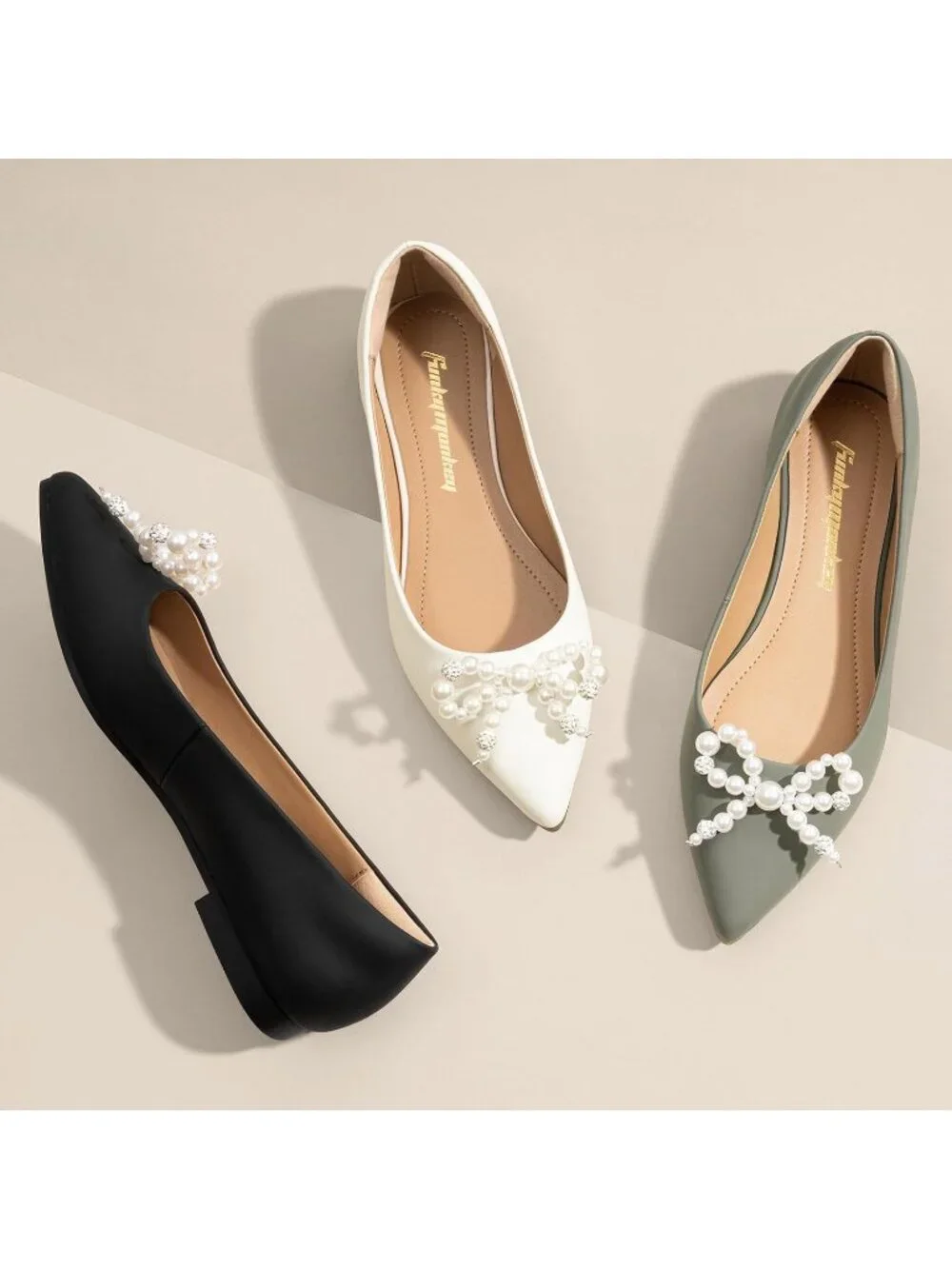 FUNKYMONKEY Women's Pearl White Faux Leather Pointed Toe Slip On Ballet Flats